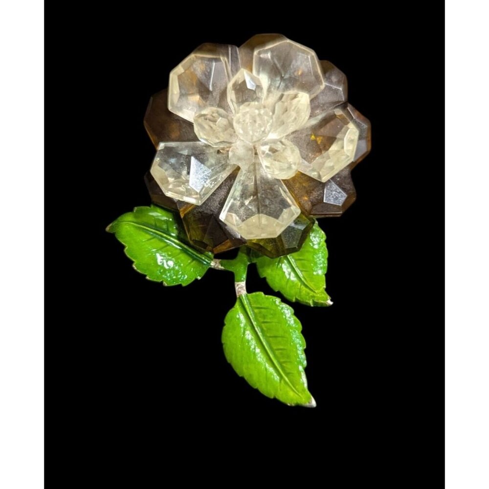 Vtg Lucite Enamel Floral Brooch Pin Green Leaves ‎ Amber Petals Made In Germany